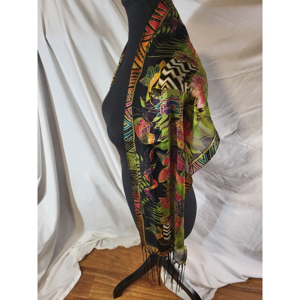 Laurel Burch 100% Silk Scarf Mulitcolor Jungle Cat Bird Snake Beaded Fringe 53